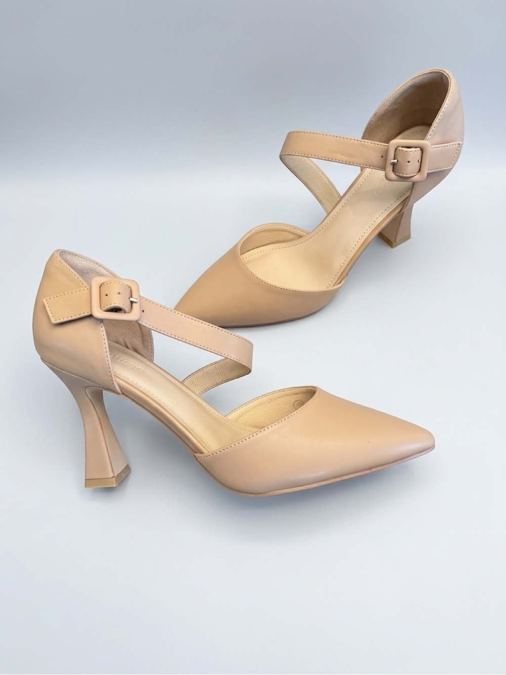 Nude Pointed-Toe Mary Jane Heels with Buckle Strap